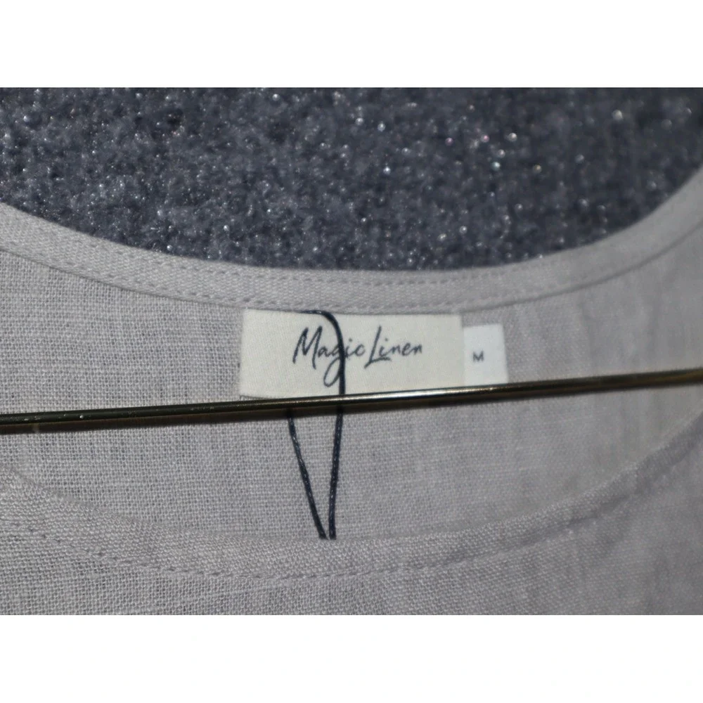 Magic Linen Shirt Women Medium Gray 3/4 Sleeve Round Neck Relaxed NEW NWT BOHO‎